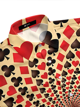 Adaychic Men's Printed Spiral Poker Print Card Suits Pattern Short Sleeve Shirt with Chest Pocket