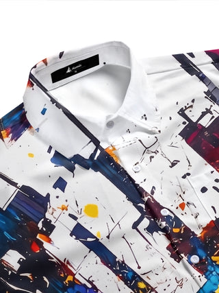 Adaychic Men's White Blue Graphic Abstract Paint Splatter Print Short Sleeve Button Down Shirt with Chest Pocket