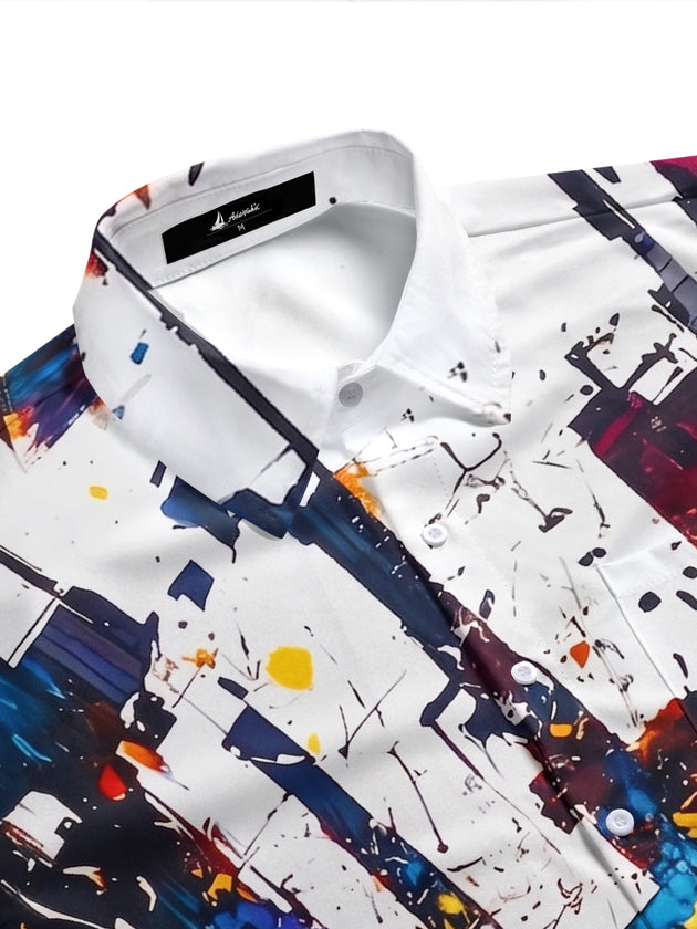 Adaychic Men's White Blue Graphic Abstract Paint Splatter Print Short Sleeve Button Down Shirt with Chest Pocket