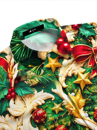 Adaychic Men's Long Sleeve Shirt - Christmas Ornaments Gifts And Baroque Scrollwork Print with Chest Pocket