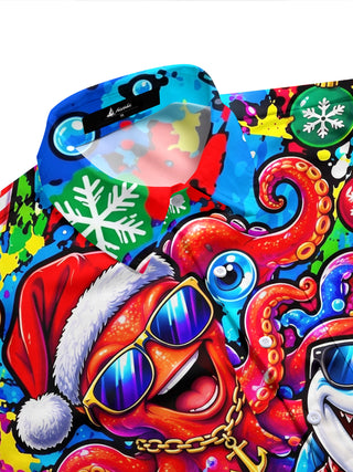 Adaychic Men's Hawaiian Christmas Marine Life Print Short Sleeve Shirt with Chest Pocket