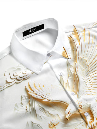 Adaychic Men's 3D Eagle Print Lotus Flowers Print Short Sleeve Shirt with Chest Pocket