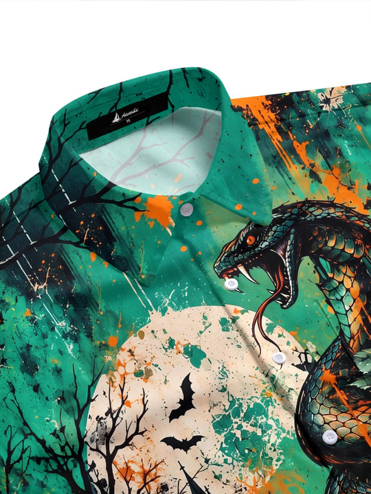 Adaychic Men's Short Sleeve Shirt - Halloween Snake And Roses With Graveyard Print with Chest Pocket