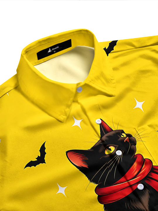 Adaychic Men's Long Sleeve Shirt - Christmas Black Cat With Red Scarf On Gift Box Print with Chest Pocket