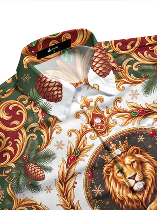 Adaychic Men's Crowned Lion And Christmas Wreath Print Long Sleeve Shirt with Chest Pocket