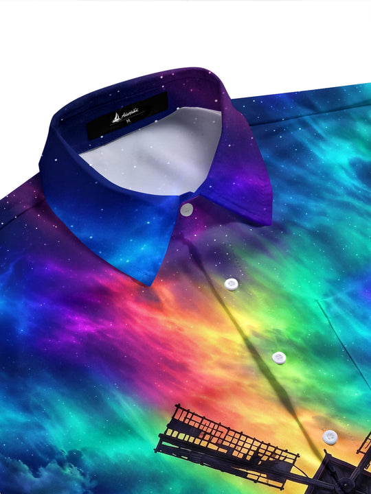 Adaychic Men's Windmill And Aurora Borealis Sky Print Short Sleeve Shirt with Chest Pocket