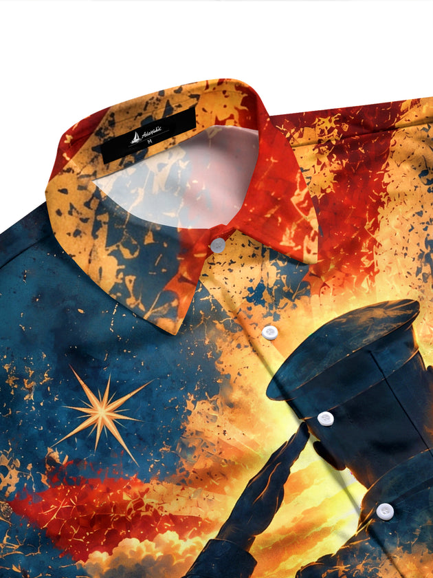 Adaychic Men's Long Sleeve Shirt - Veterans Day Soldier Silhouette Saluting With American Flag Background Print with Chest Pocket
