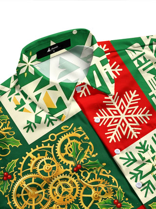 Adaychic Men's Christmas Steampunk Gears And Snowflakes Print Long Sleeve Shirt with Chest Pocket