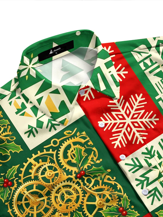 Adaychic Men's Christmas Steampunk Gears And Snowflakes Print Long Sleeve Shirt with Chest Pocket