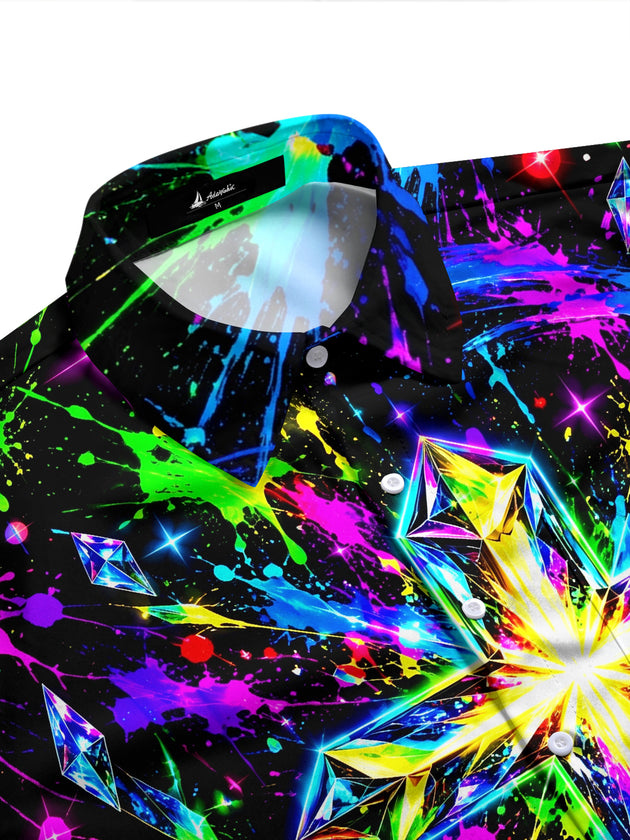 Adaychic Men's Neon Crystal Cross And Paint Splatters Print Long Sleeve Shirt with Chest Pocket