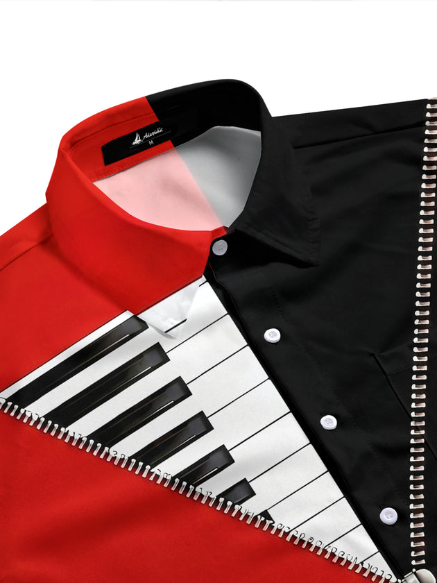 Adaychic Men's Graphic Piano Keyboard Print Short Sleeve Shirt with Chest Pocket