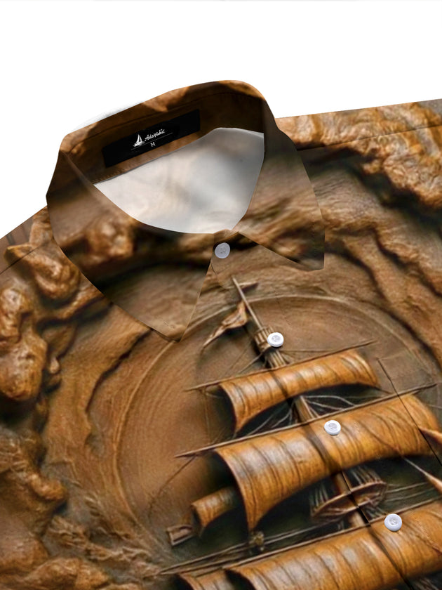 Adaychic Men's Wooden Ship Relief Print Short Sleeve Shirt with Chest Pocket
