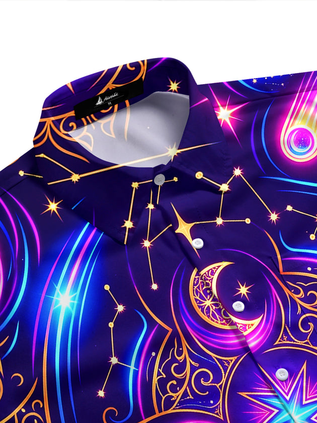 Adaychic Men's Hawaiian Crescent Moons And Stars Print Short Sleeve Shirt with Chest Pocket
