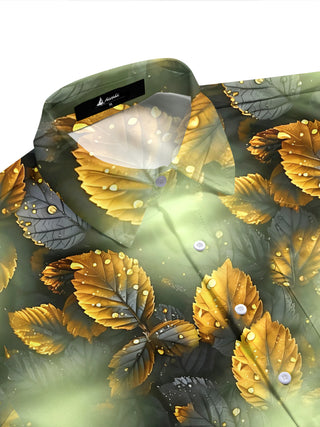 Adaychic Men's Hawaiian Golden Leaf Pattern Short Sleeve Shirt with Chest Pocket