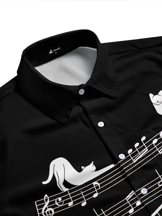 Adaychic Men's Graphic Cat On Musical Staff Print Short Sleeve Shirt with Chest Pocket