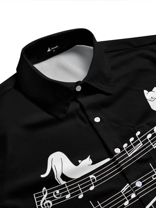 Adaychic Men's Graphic Cat On Musical Staff Print Short Sleeve Shirt with Chest Pocket