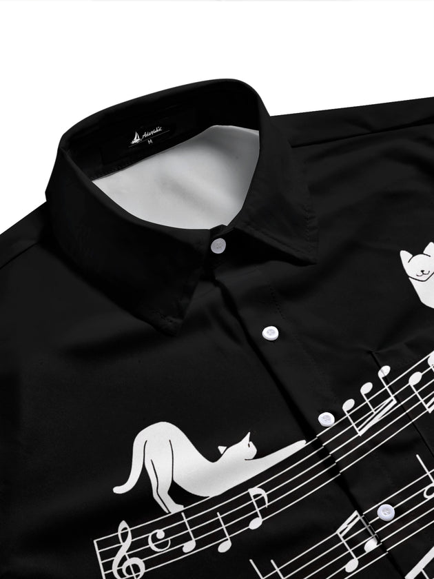 Adaychic Men's Graphic Cat On Musical Staff Print Short Sleeve Shirt with Chest Pocket