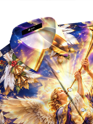 Adaychic Men's Long Sleeve Shirt - Christmas Trumpeter Angel And Gothic Cathedral Print with Chest Pocket