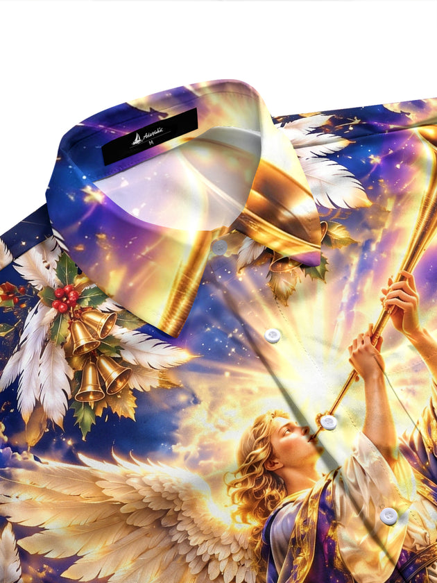 Adaychic Men's Long Sleeve Shirt - Christmas Trumpeter Angel And Gothic Cathedral Print with Chest Pocket