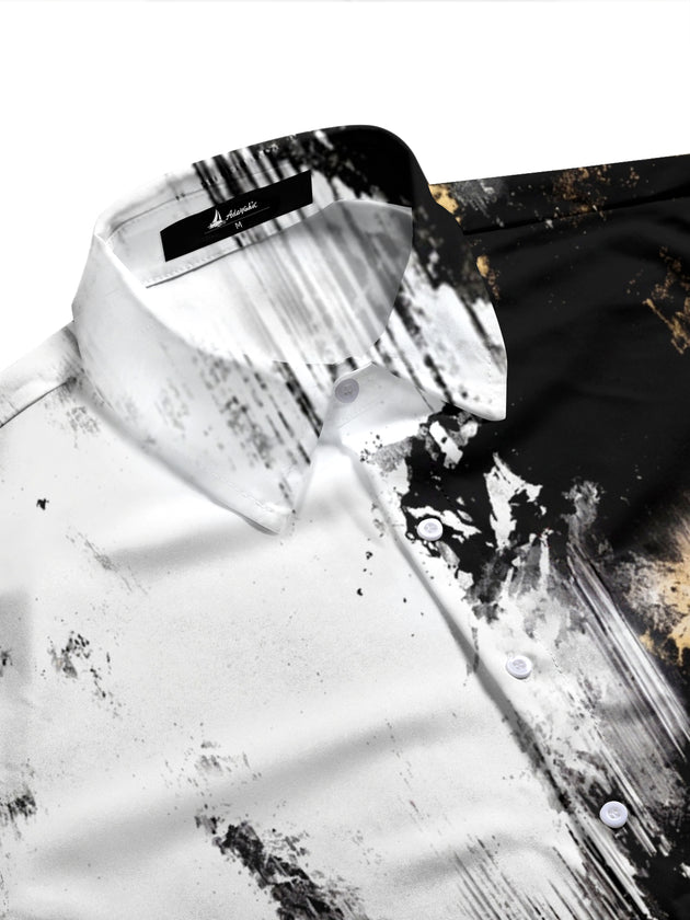 Adaychic Men's Long Sleeve Shirt - Abstract Black And Gold Splatter With Vertical Drips Print with Chest Pocket