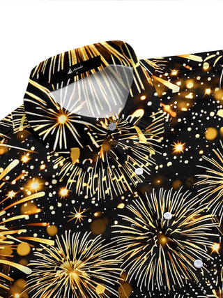 Adaychic Men's Hawaiian Golden Fireworks Print Short Sleeve Shirt with Chest Pocket
