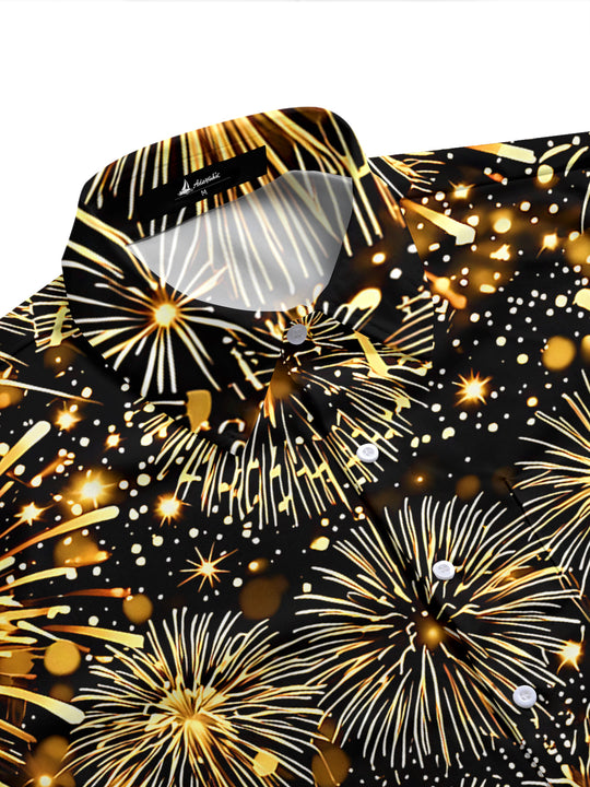 Adaychic Men's Hawaiian Golden Fireworks Print Short Sleeve Shirt with Chest Pocket
