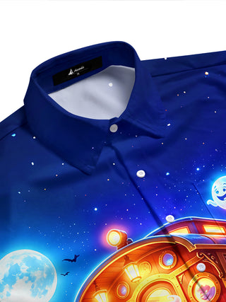 Adaychic Men's Graphic Ghost Train Print Short Sleeve Shirt with Chest Pocket