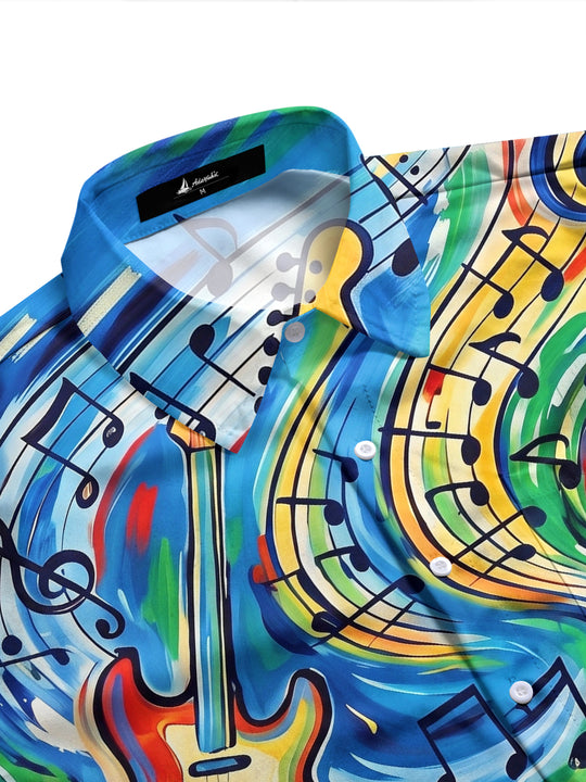 Adaychic Men's Hawaiian Musical Instruments Print Long Sleeve Shirt with Chest Pocket