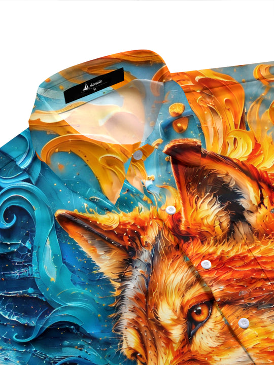 Adaychic Men's Wolf Head With Fire And Water Swirls Print Short Sleeve Shirt with Chest Pocket