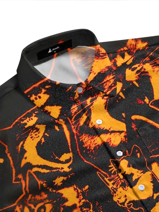 Adaychic Men's Hawaiian Cat Faces Print Short Sleeve Shirt with Chest Pocket