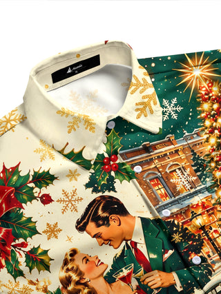 Adaychic Men's Long Sleeve Shirt - Vintage Couple And Christmas Street Scene Print with Chest Pocket