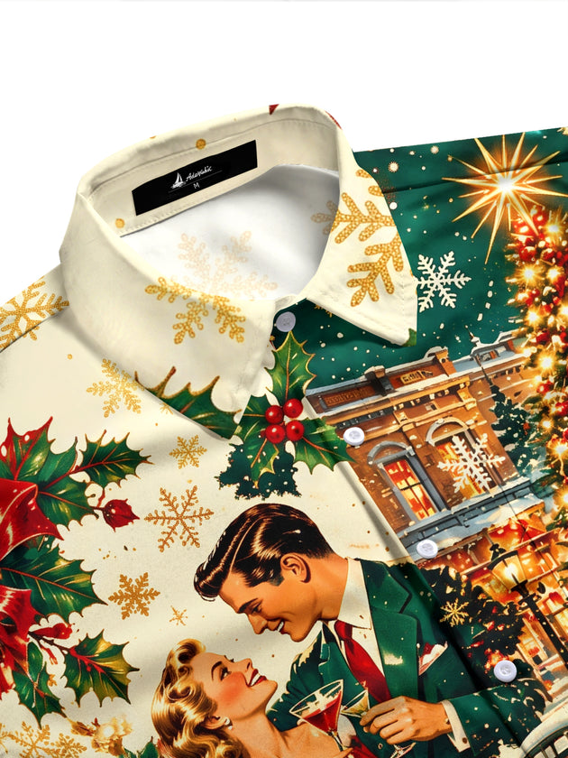 Adaychic Men's Long Sleeve Shirt - Vintage Couple And Christmas Street Scene Print with Chest Pocket