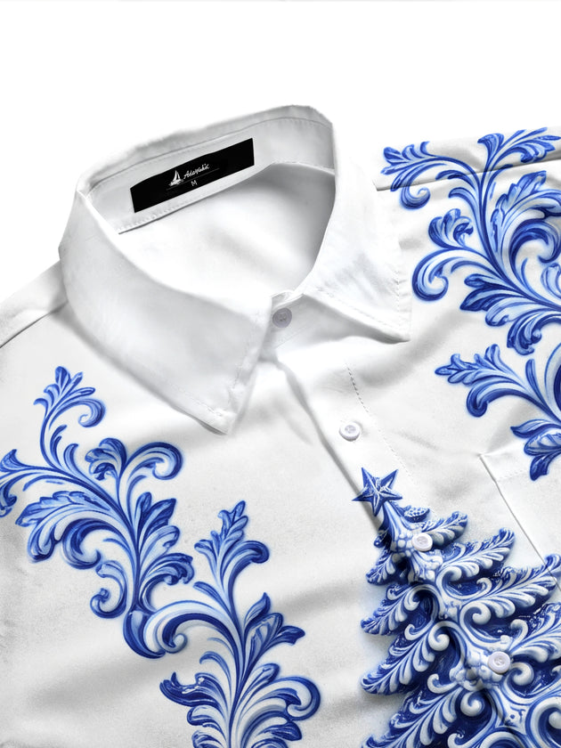 Adaychic Men's Long Sleeve Shirt - Christmas Tree With Baroque Floral Patterns Print with Chest Pocket