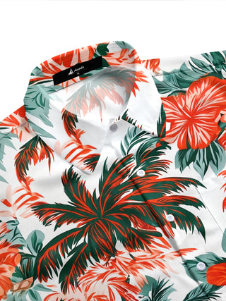 Adaychic Men's Palm Trees And Hibiscus Flowers Print Short Sleeve Shirt with Chest Pocket