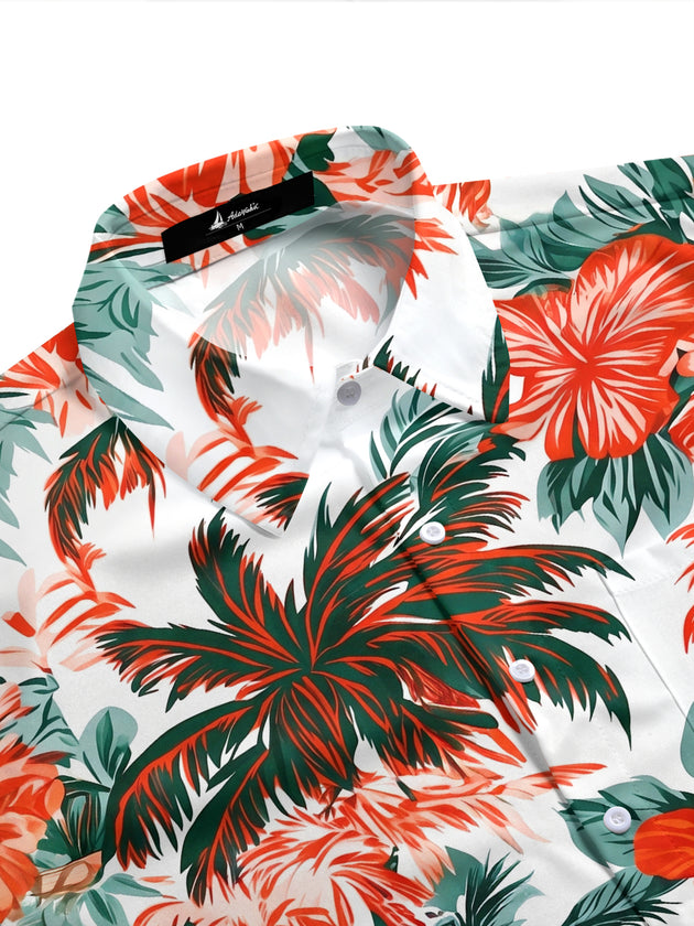Adaychic Men's Palm Trees And Hibiscus Flowers Print Short Sleeve Shirt with Chest Pocket