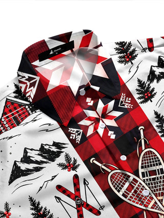 Adaychic Men's Long Sleeve Shirt - Winter Skiing Scenes With Snowy Mountains And Cabins Print with Chest Pocket