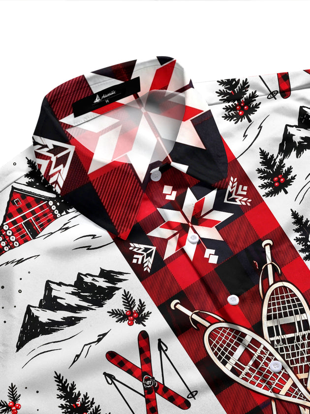 Adaychic Men's Long Sleeve Shirt - Winter Skiing Scenes With Snowy Mountains And Cabins Print with Chest Pocket