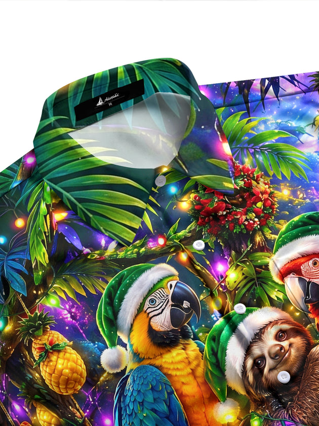 Adaychic Men's Hawaiian Christmas Sloths And Parrots Print Long Sleeve Shirt with Chest Pocket