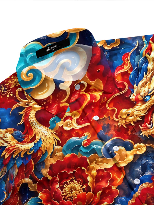 Adaychic Men's Printed Chinese Dragon And Phoenix Print Short Sleeve Shirt with Chest Pocket