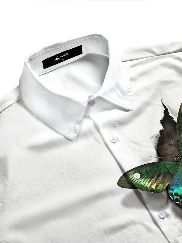 Adaychic Men's 3D Tearing Effect With Green Butterfly Print Long Sleeve Shirt with Chest Pocket