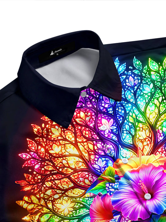 Adaychic Men's Hawaiian Neon Rainbow Tree Of Life Print Short Sleeve Shirt with Chest Pocket