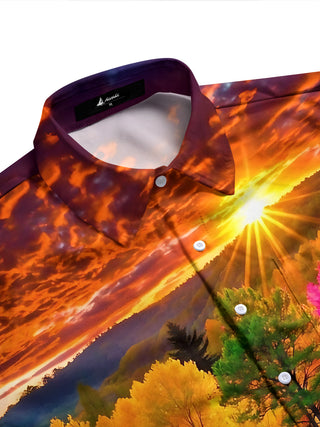 Adaychic Men's Printed Autumn Forest Sunset Print Long Sleeve Shirt with Chest Pocket