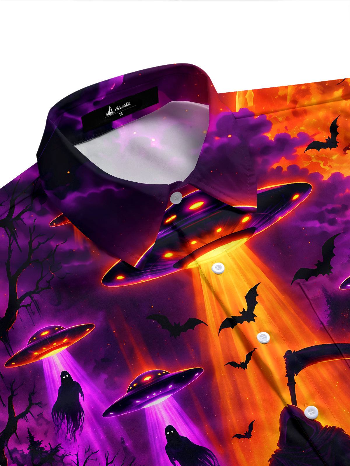 Adaychic Men's Short Sleeve Shirt - Halloween Grim Reaper And Jack-o-lanterns In A Graveyard Print with Chest Pocket