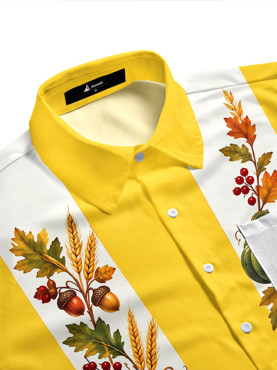 Adaychic Men's Thanksgiving Harvest Pumpkins And Corn Print Short Sleeve Shirt with Chest Pocket