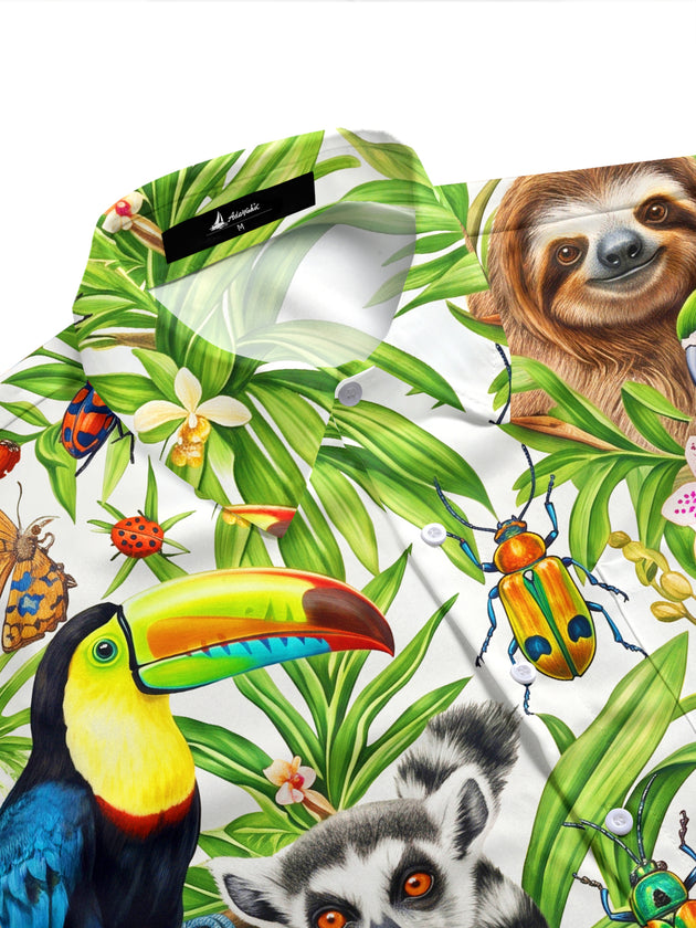 Adaychic Men's Rainforest Animals And Tropical Plants Print Short Sleeve Shirt with Chest Pocket