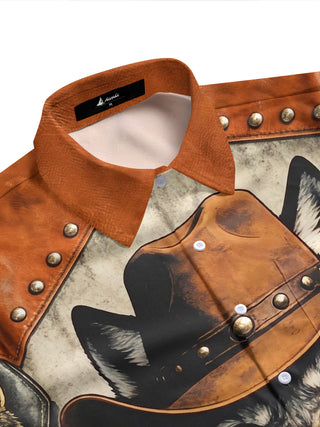Adaychic Men's Graphic Wolf In Cowboy Hat Print Short Sleeve Shirt with Chest Pocket