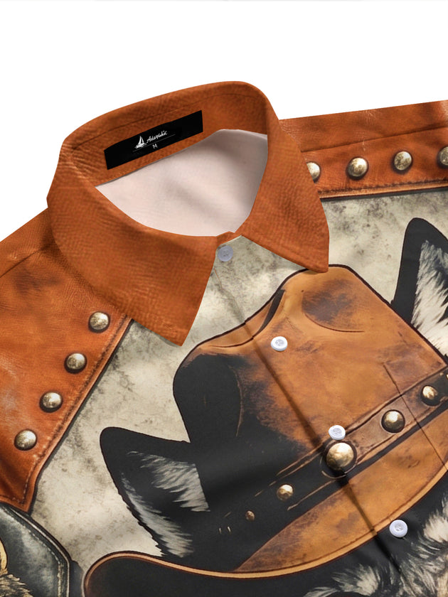 Adaychic Men's Graphic Wolf In Cowboy Hat Print Short Sleeve Shirt with Chest Pocket