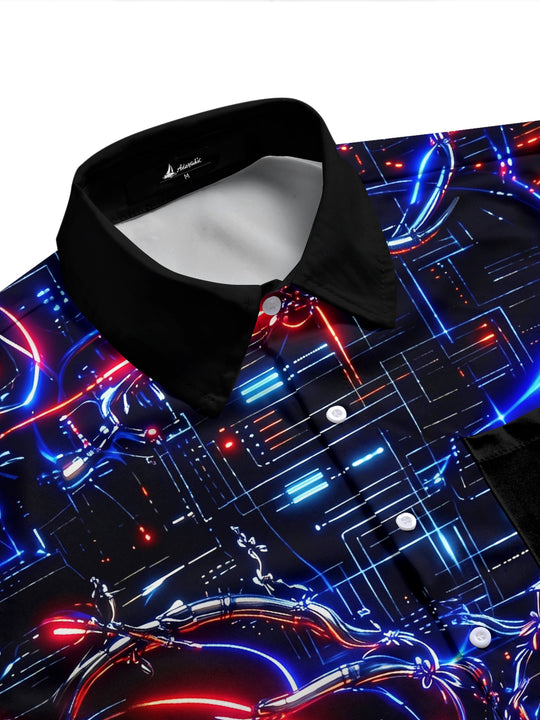 Adaychic Men's Patterned Neon Circuit Lines Print Short Sleeve Shirt with Chest Pocket