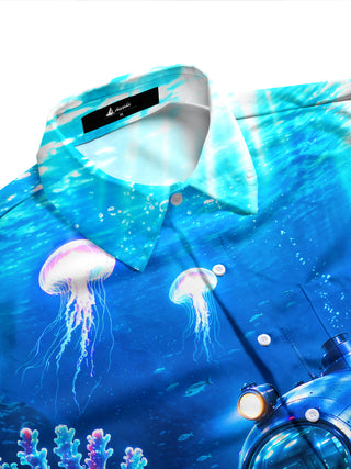Adaychic Men's Graphic Underwater Train Print Long Sleeve Shirt with Chest Pocket