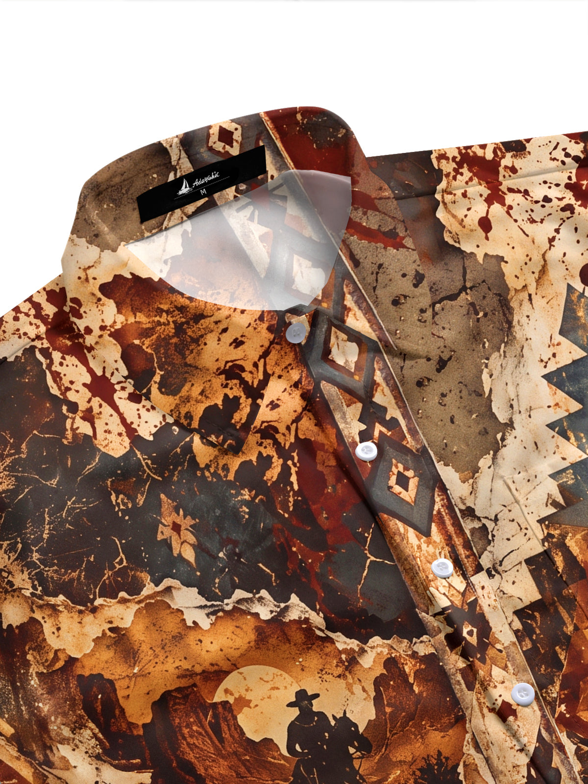 Adaychic Men's Short Sleeve Shirt - Western Cowboy On Horseback And Geometric Patterns Print with Chest Pocket